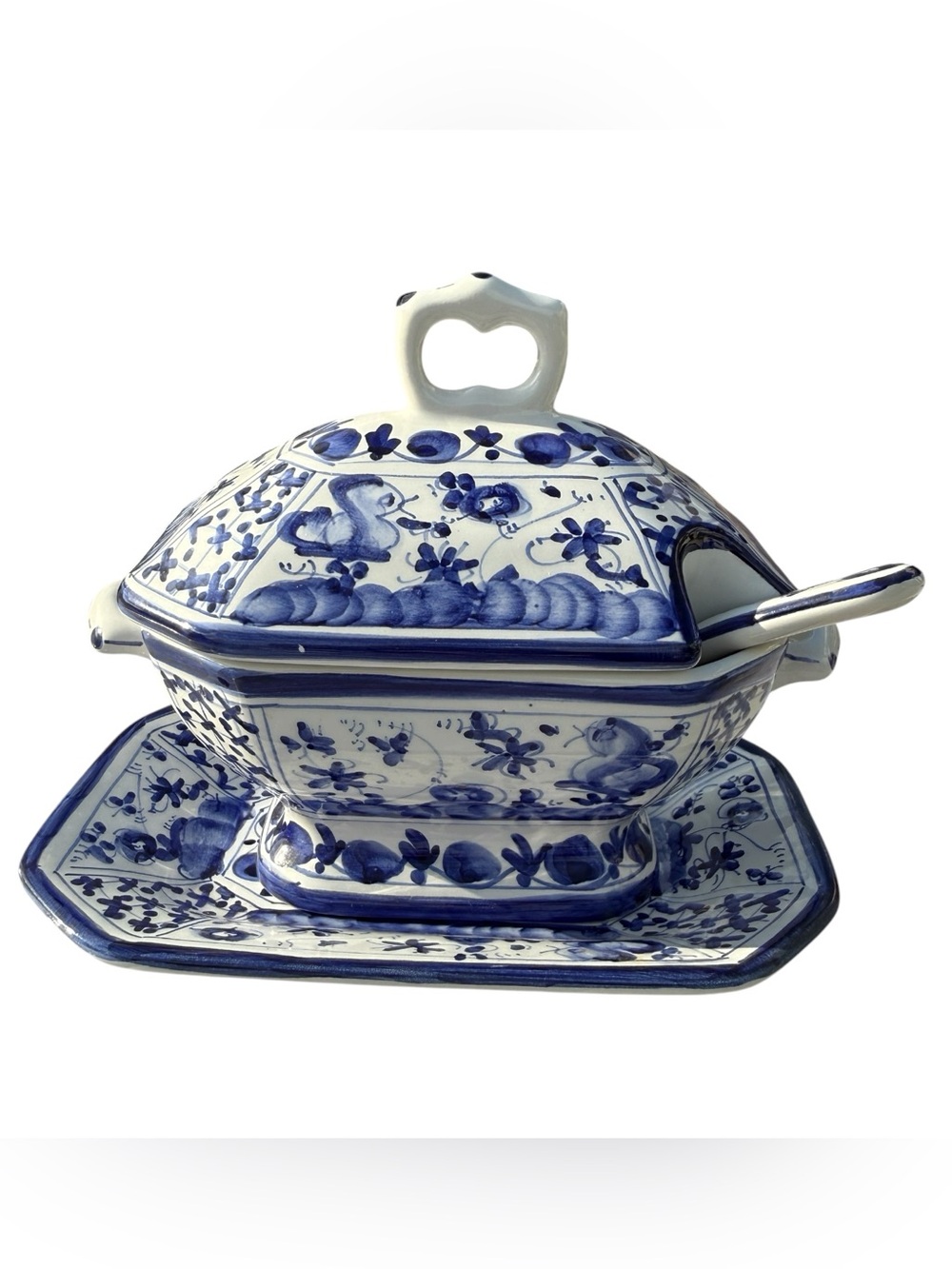 VTG Portuguese Pottery Blue White Jam Jar Preserve Pot Spoon Tray Hand Painted